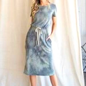 7th Ray Olive Green Tie Dye Midi Dress for Casual Everyday Wear Size Small